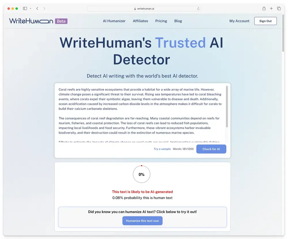 WriteHuman interface of AI detector with built-in humanizer.