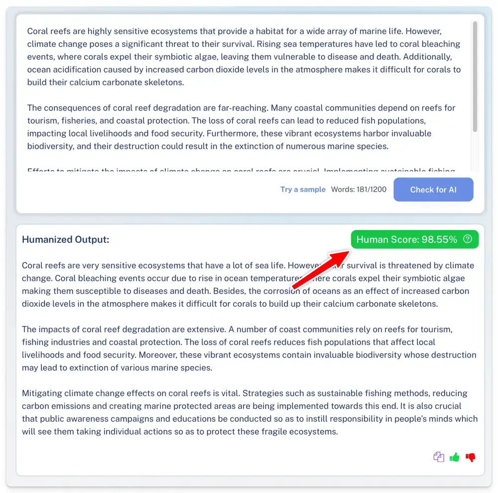WriteHuman user interface of built-in AI humanizer feature in AI detector tool.