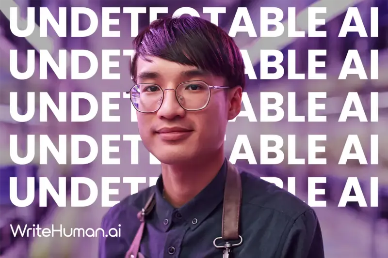 Man with glasses in front of repeating &ldquo;undetectable AI&rdquo; text graphic.