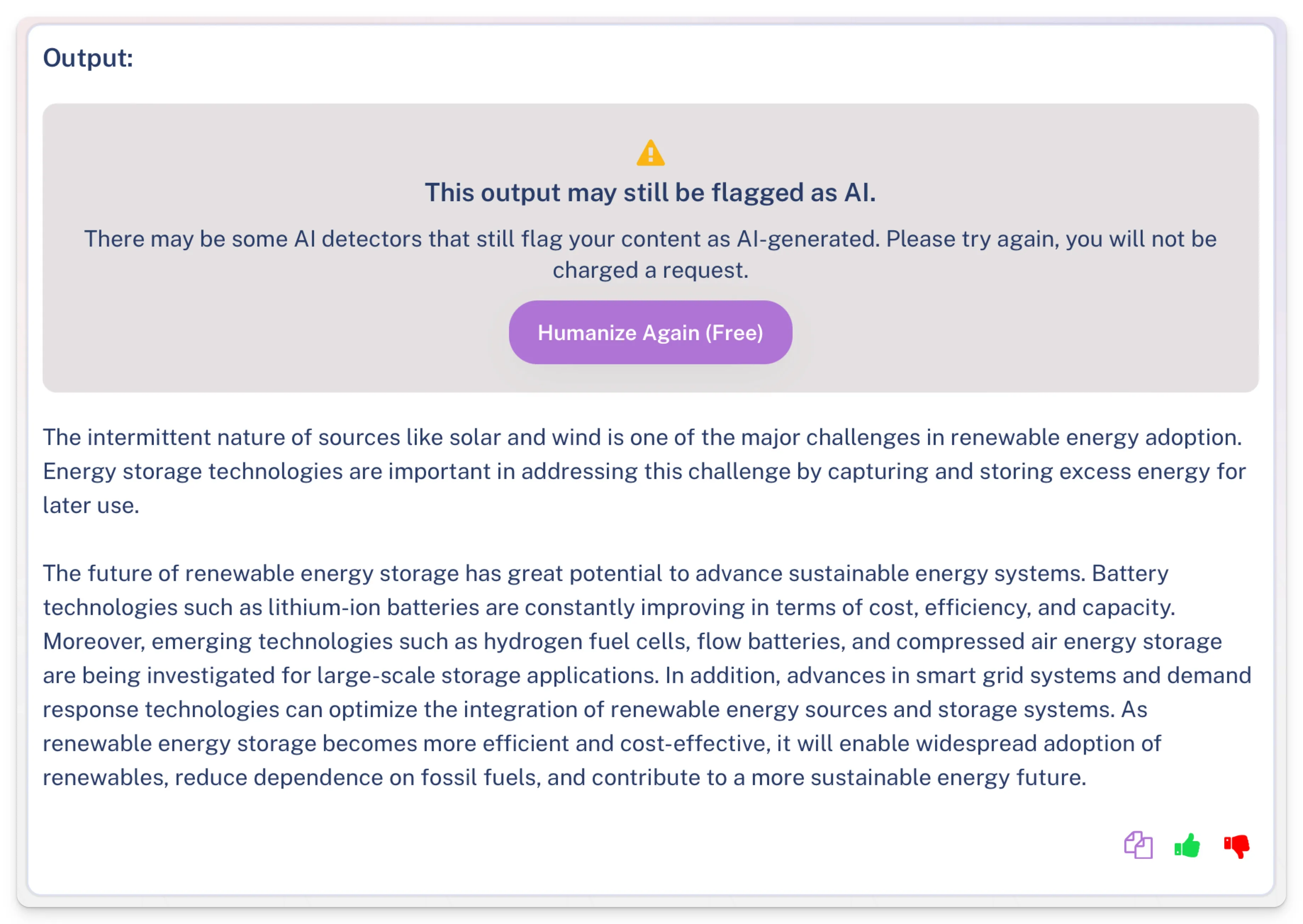 WriteHuman user interface of free AI humanizer retries.