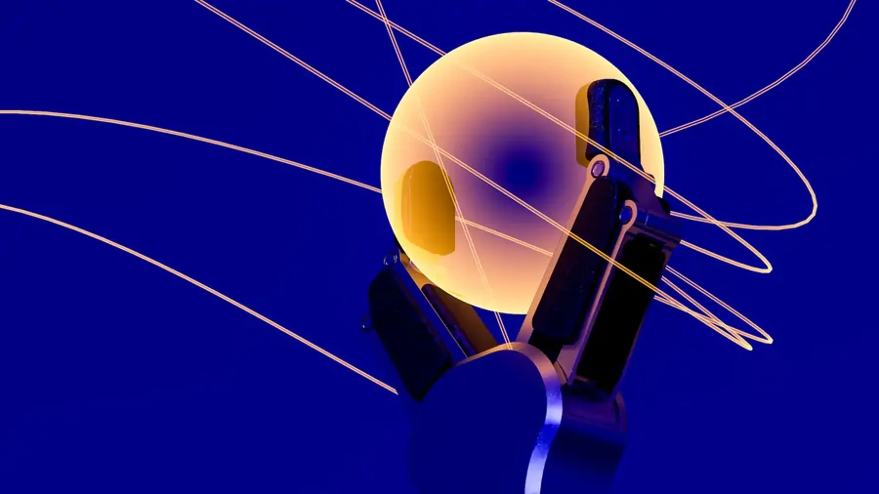 Robot hand holding a glowing orb with abstract lines.