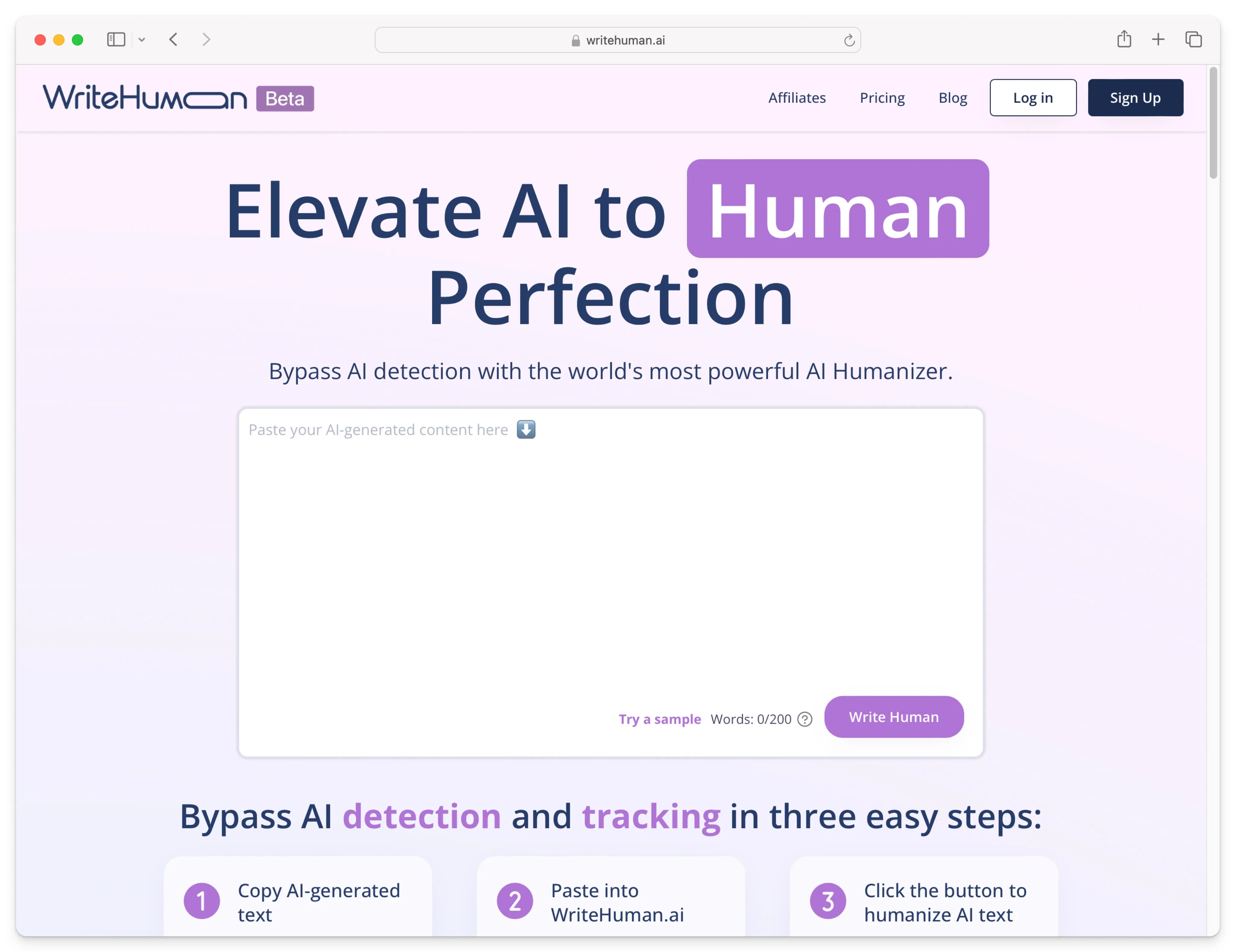 WriteHuman user interface of homepage.