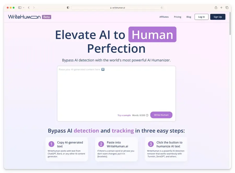 WriteHuman user interface of homepage.