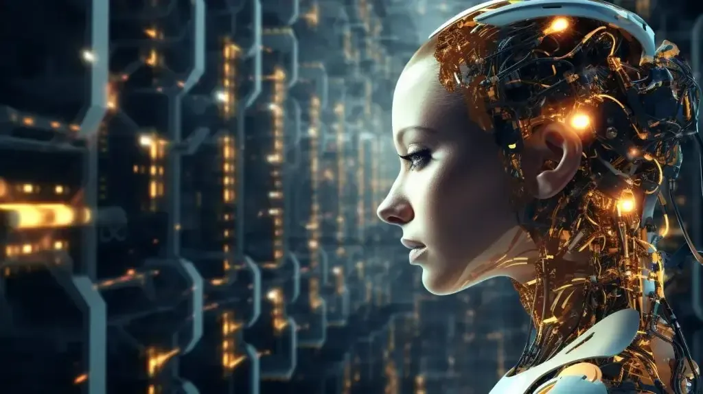 Futuristic humanoid robot with exposed circuitry standing in a glowing digital network environment.