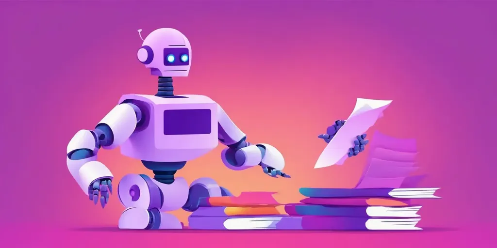 Cartoon robot reviewing documents and books, representing AI writing or content generation.