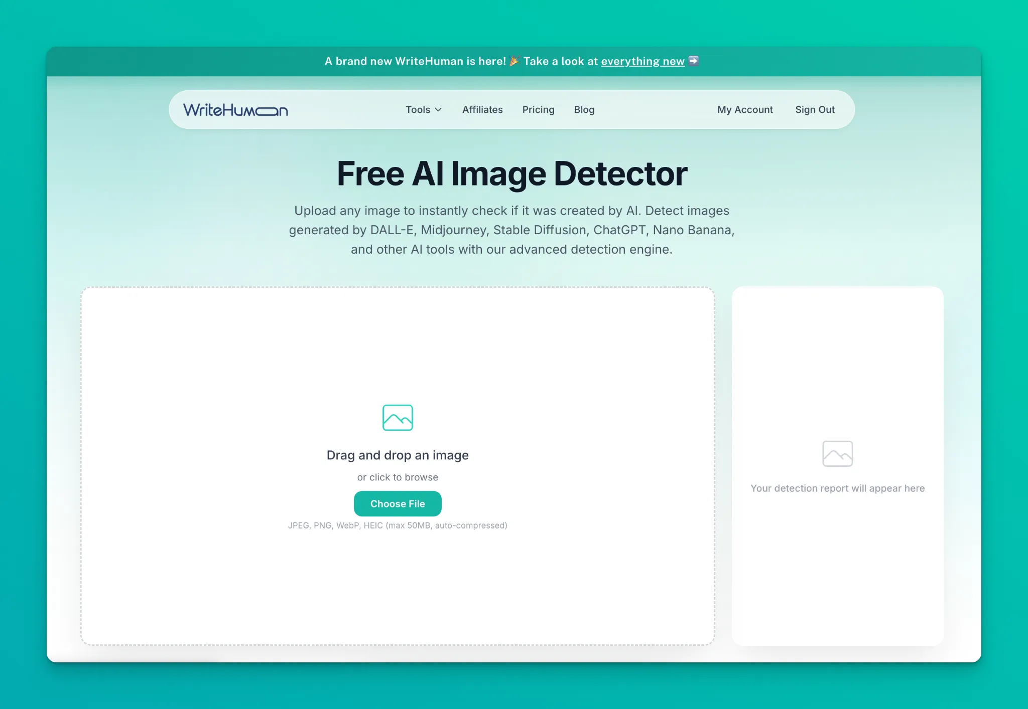 Updated WriteHuman Image Detector tool with drag and drop photo upload.