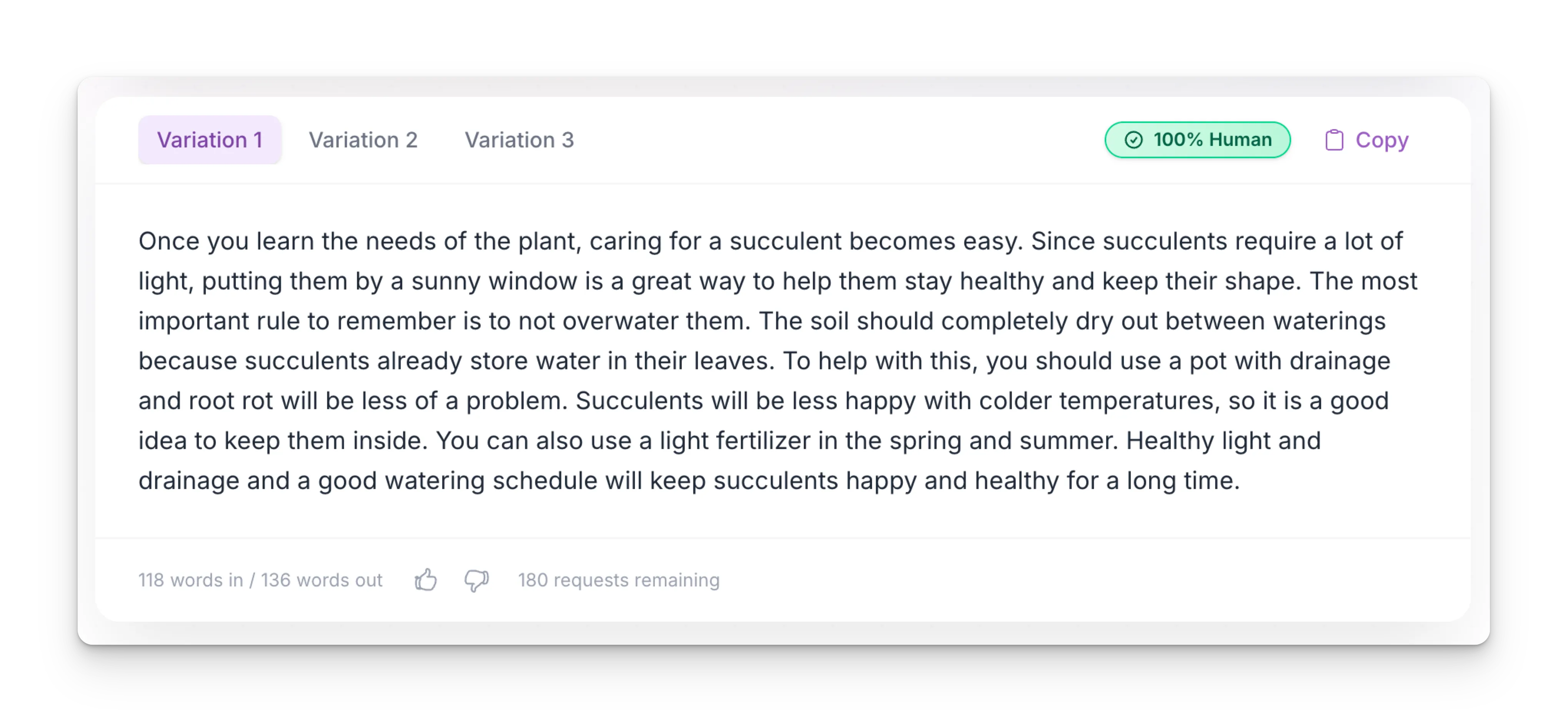 WriteHuman interface with updated model showing 100% human score.
