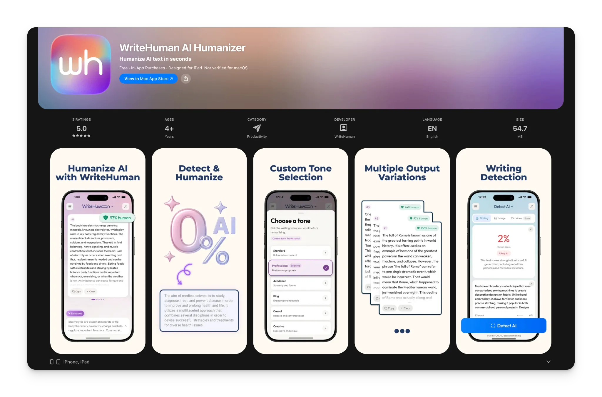 Screenshot of WriteHuman App Store listing with preview screenshots.